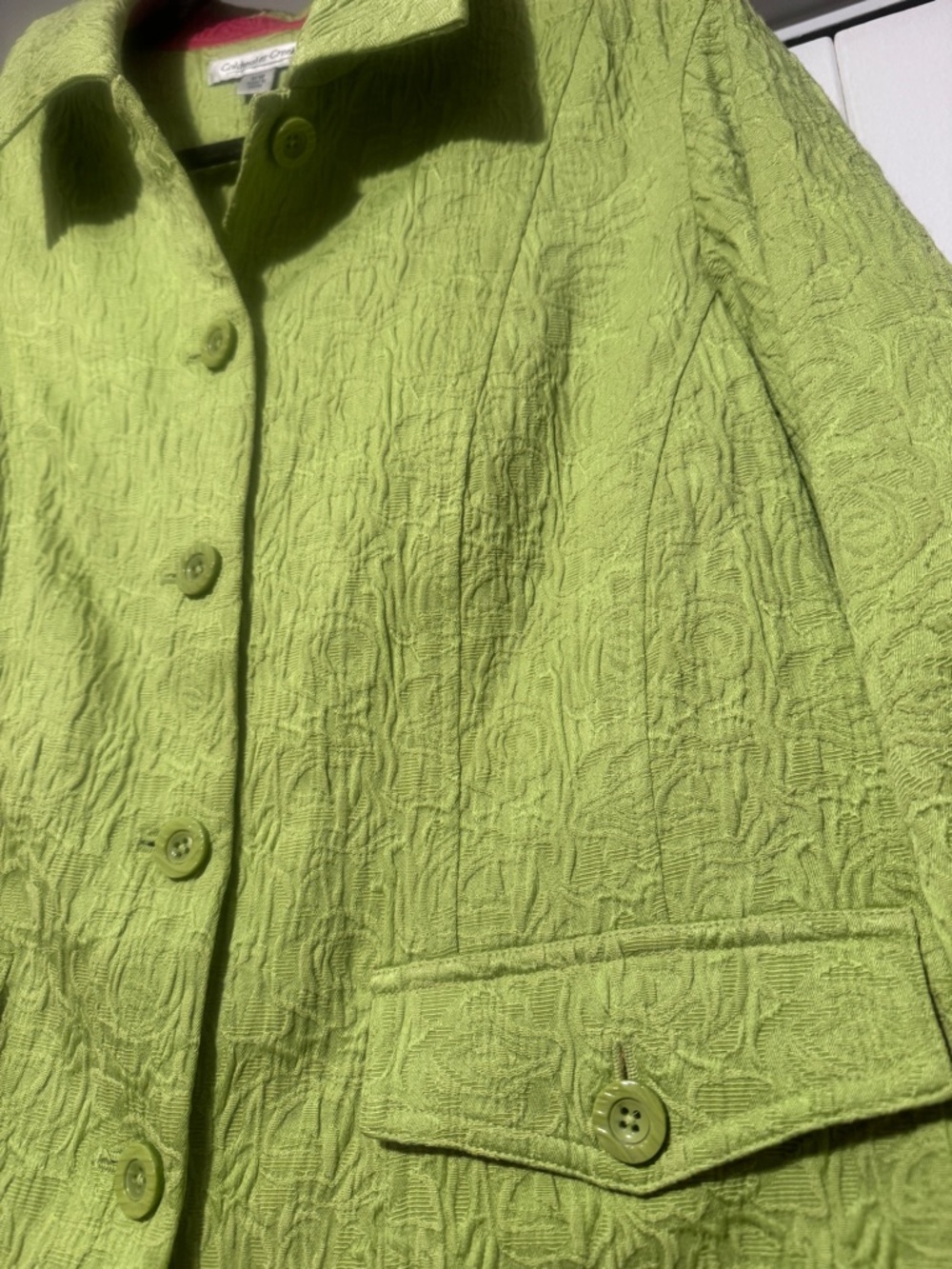 Coldwater Creek 18W Lime Green Jacquard Spring Jacket Pink Trim Preppy - Picture 8 of 9